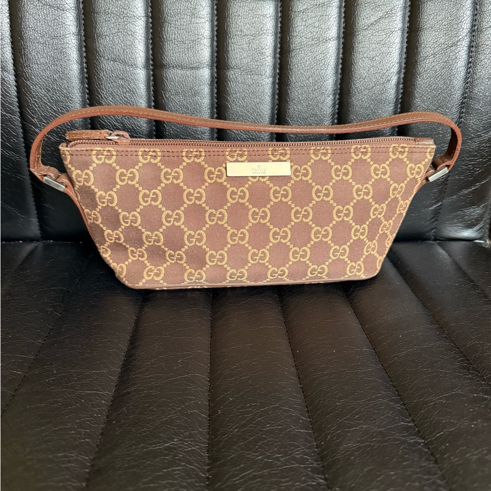 Gucci Brown GG Monogram Wristlet with Leather Trim